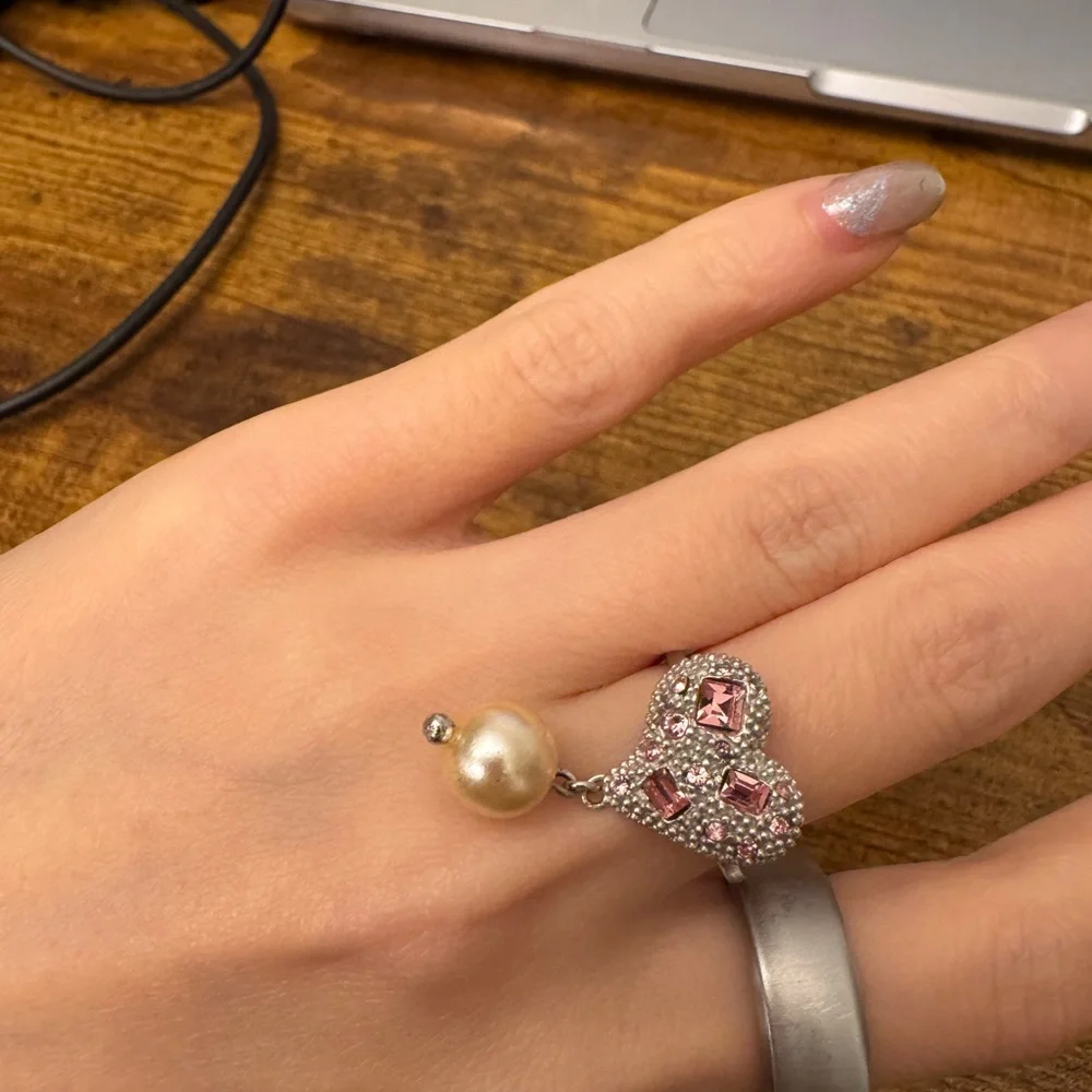 Miu Miu Sterling Silver 925 Crystal Heart Ring Pearl Pink Rhinestone Adjustable - Picture 6 of 9